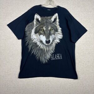 Vintage Alaska Wolf Graphic T-Shirt Mens XL Navy Blue Short Sleeve Crew Neck Tee
